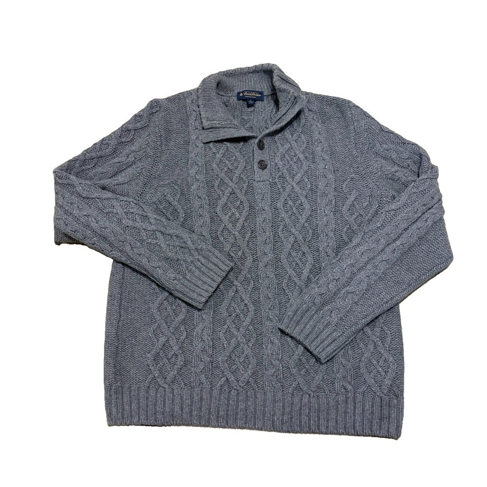 Brooks Brothers Mens L Wool Cable Knit Fisherman Chunky Button Henley Sweater